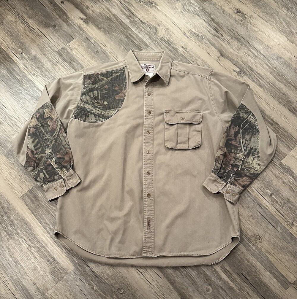 Wrangler Rugged Wear Shirt Button Up Shooting Hunting Khaki Camo Size XL Vtg